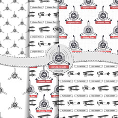 Vintage airplane patterns set. Biplane seamless backgrounds. Retro Plane wallpaper and design elements. Aviation style collection. Fly propeller, old icon, isolated. Vector