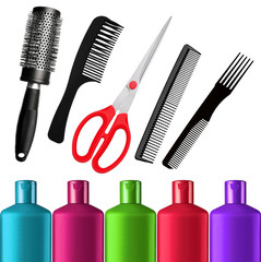 Shampoo bottles, red scissors and combs isolated on white
