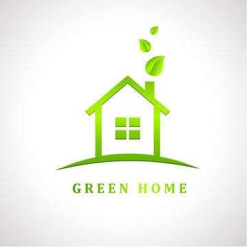 Green home as eco-friendly house logo with leaves