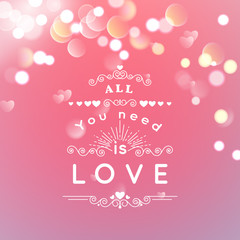 Happy Valentines Day Greeting Card with typography, heart, arrows, Bokeh background.  14 February. Vector Blurred Soft Background.