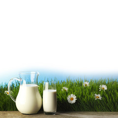 Obraz na płótnie Canvas Glass of milk and jar on flower meadow