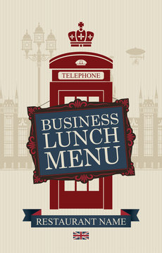 Vector menu for business lunches with phone booth and building of the British Parliament Committees