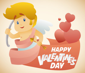 Cute Cupid with a Long Robe and a Ribbon with Valentine's Message, Vector Illustration