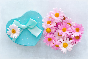 Daisy flowers and a box with a gift on a blue background with texture .