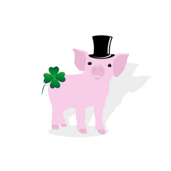 Gluecksschweinchen mit Hut und Kleeblatt
