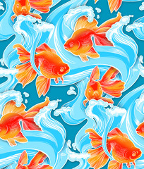 Naklejka premium Goldfish illustration artwork line underwater pattern seamless texture