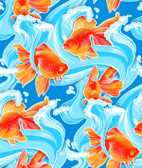 Naklejka premium Goldfish illustration artwork line underwater pattern seamless texture