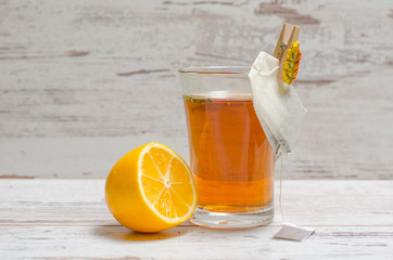 Cup of tea on wooden rustic background