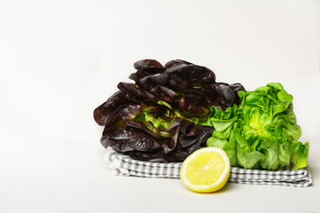 Green and red lettuce heads and a lemon on a napkin