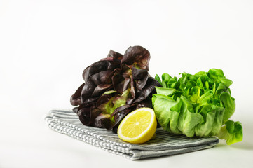 Fresh green and red lettuce heads on a white background