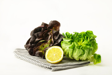 Fresh lettuce heads and a lemon on a white background