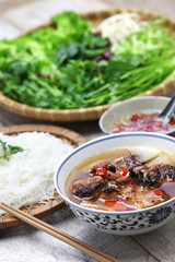 bun cha, grilled pork rice noodles and herbs, vietnamese cuisine