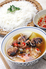 bun cha, grilled pork rice noodles and herbs, vietnamese cuisine