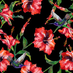 Red tropical hibiscus flowers and hovering hummingbirds. Seamless floral pattern, hand painted watercolor. Isolated on black background. Fabric texture.