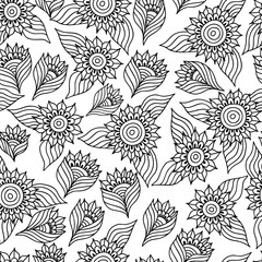 Page of coloring book with sunflowers