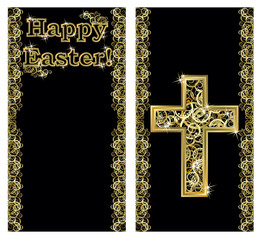 Happy Easter golden banners with cross, vector illustration