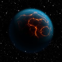 Abstract planet with blue atmosphere and huge cracks with lava flowing to the surface