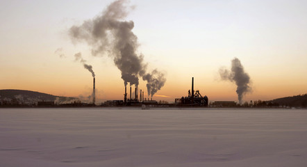 panoramic industrial view, winter snow pond