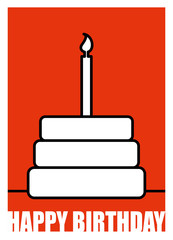 Birthday. Postcard in linear style. Cake and candle.