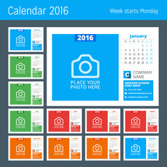 Calendar Template for 2016 Year. Vector Design Calendar Template with Place for Photo. Week Starts Monday. Set of 12 Months