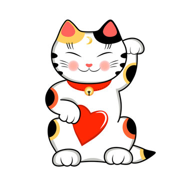 Maneki Neko Cat with a red heart, siwhing love and happiness. Vector illustration of a cute traditional east asian cat.