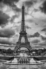 Eiffel Tower (Tour Eiffel) in Paris, France. Black and white photo...