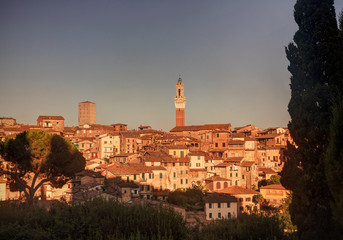 Fototapeta premium Beautiful sunset over Siena old city in Tuscany, Italy