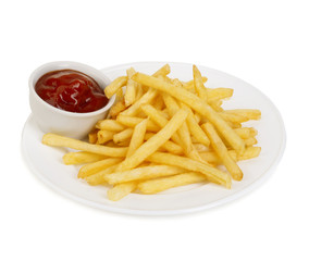 Classical american potatoes fries with ketchup close-up isolated on a white background.