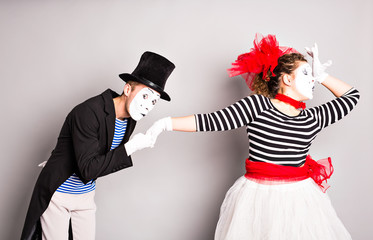 Two mimes man and  woman.The concept of Valentine's Day, April Fool's Day
