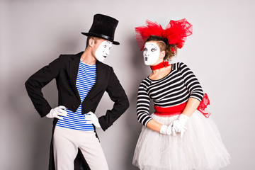 Two mimes man and  woman.The concept of Valentine's Day, April Fool's Day