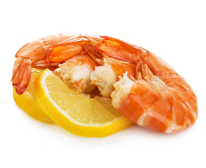 Tiger shrimps with lemon slice . Prawns with lemon slice isolated on a white background. Seafood