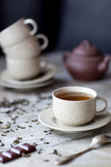 Cup of tea on marble texture