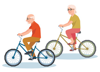 Senior man and a woman riding on a bicycle illustration style lo
