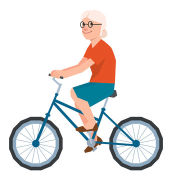 Vector senior woman in the style of low polygon poly rides a bic