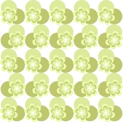 Symmetrical floral seamless texture, green, light green flower circles on white, background, ornament, vector