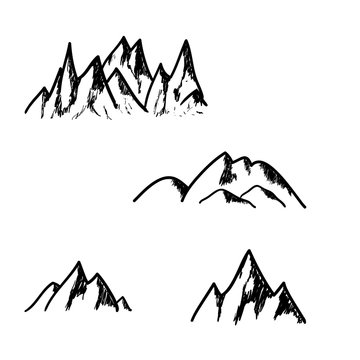 Set of hand drawn mountains isolated on white background, vector