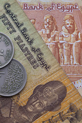 Different banknotes and coins of Egyptian money