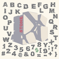 huge cube broken into pieces and stylized bold alphabet with cracked letters