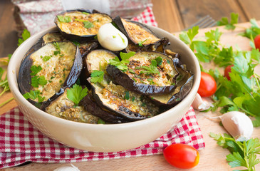Grilled eggplant on rustic table