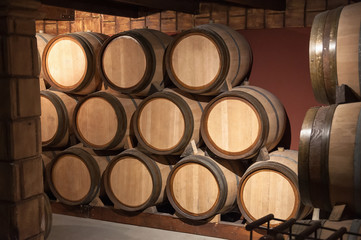 Wooden barrels in the cellar