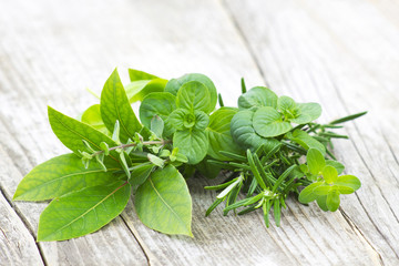 Freshly harvested herbs on wooden background
