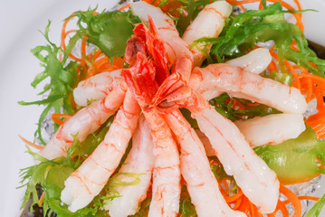 food, sushi, fish, slice, traditional, japanese, tiger, prawn, sashimi, closeup, healthy, gourmet, dinner, seafood, rice, shrimp, fresh, meal, asian, eat, exotic, salad, green, health, sea