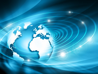 Best Internet Concept of global business. Globe, glowing lines on technological background. Electronics, Wi-Fi, rays, symbols Internet, television, mobile and satellite communications