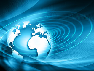 Best Internet Concept of global business. Globe, glowing lines on technological background. Electronics, Wi-Fi, rays, symbols Internet, television, mobile and satellite communications