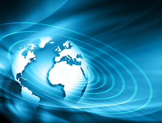 Best Internet Concept of global business. Globe, glowing lines on technological background. Electronics, Wi-Fi, rays, symbols Internet, television, mobile and satellite communications