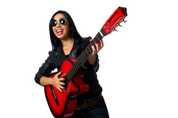 Woman playing guitar isolated on white