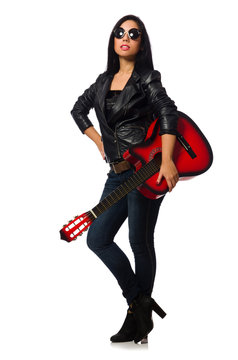 Woman playing guitar isolated on white