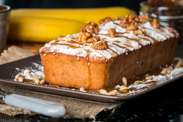 Banana bread with caramel and walnuts