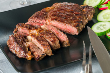 sliced medium rare grilled Beef steak Ribeye
