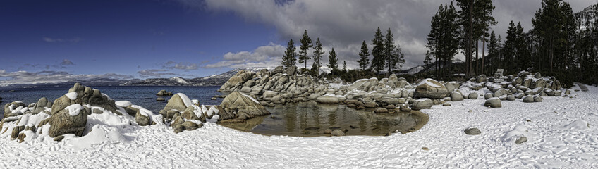 Snow-covered Sand Harbor in Lake Tahoe, California, USA